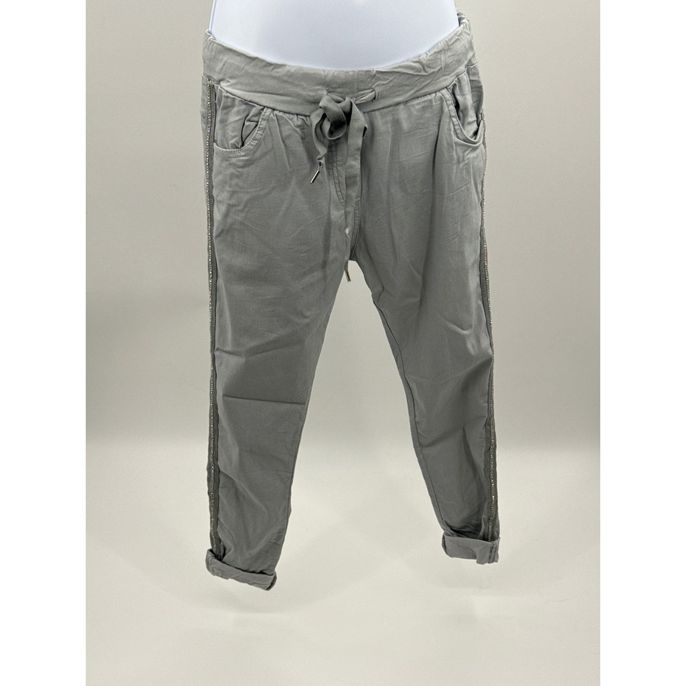 Grey Rhinestone Trim Drawstring Joggers Casual Tapered Pants Womens XS